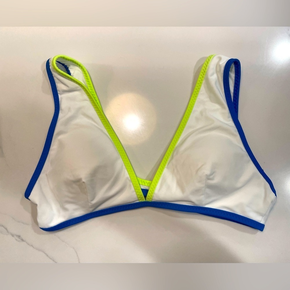 aerie White Bikini Top with Blue and Neon Yellow Trim